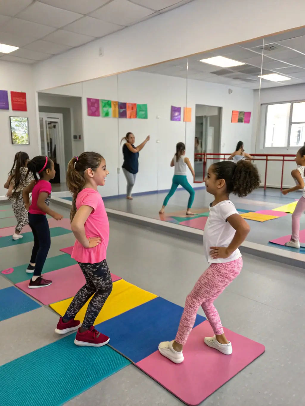A brightly lit, spacious dance studio with hardwood floors, mirrored walls, and ballet barres, showcasing its versatility for various dance styles and fitness activities at Muse Hub.