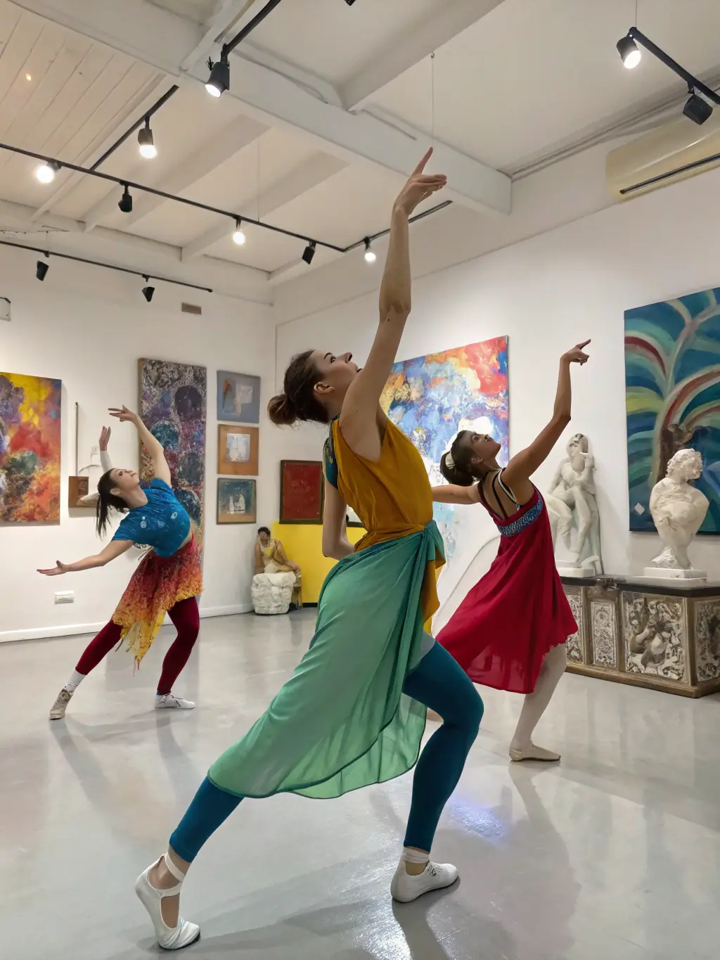 A vibrant image of a group of people participating in a contemporary dance class in the multi-purpose studio, showcasing the energy and community at Muse Hub.